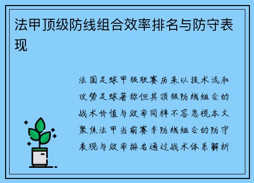 法甲顶级防线组合效率排名与防守表现
