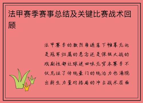 法甲赛季赛事总结及关键比赛战术回顾